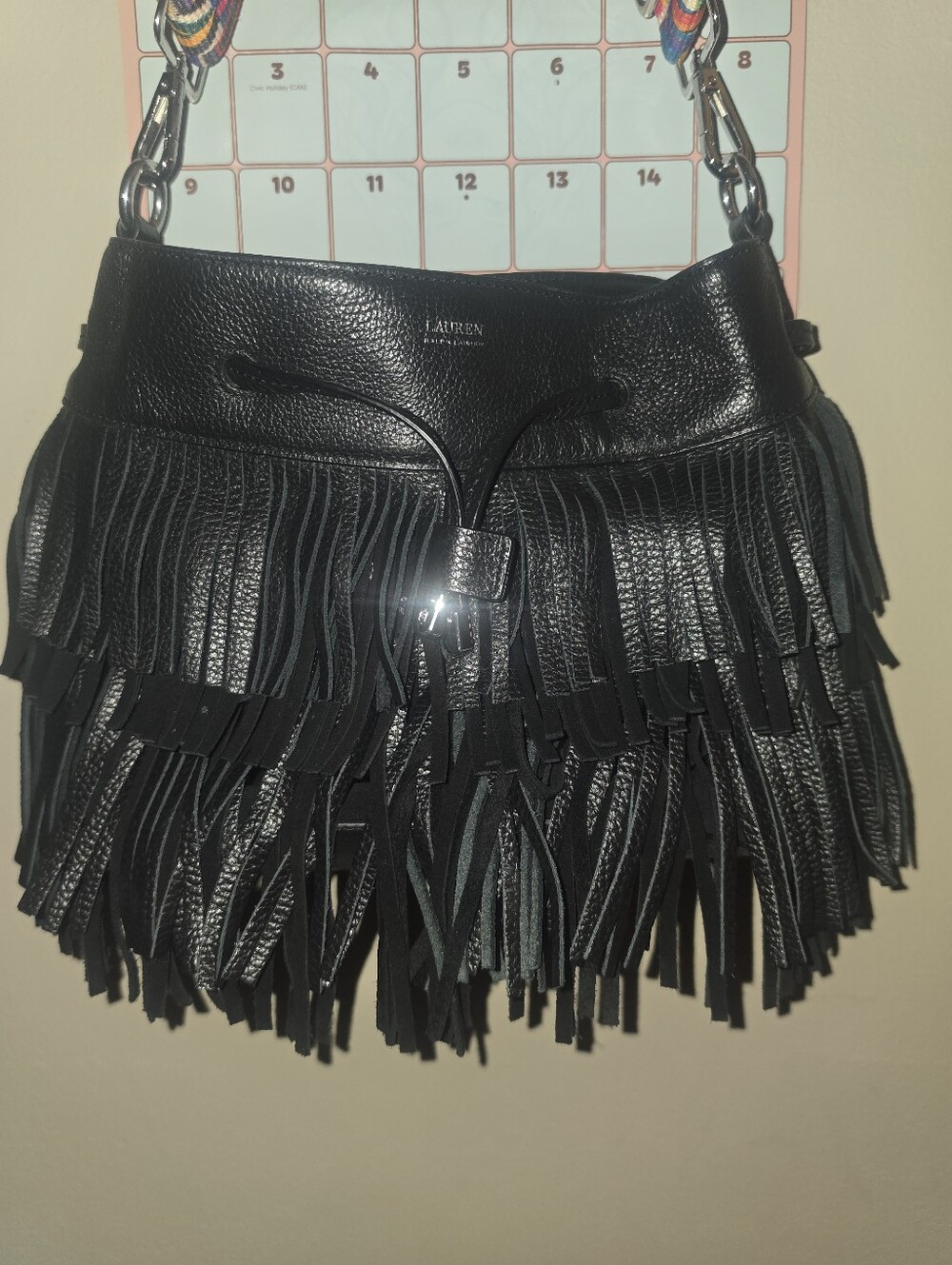 Ralph Lauren Cobden Black Leather Fringe Drawstring Shoulder Bag